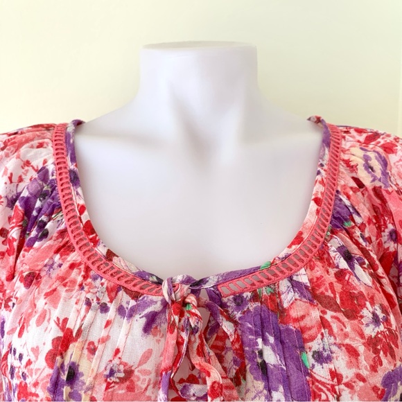 pink purple floral print cap short sleeve blouse with tassels - Picture 3 of 16